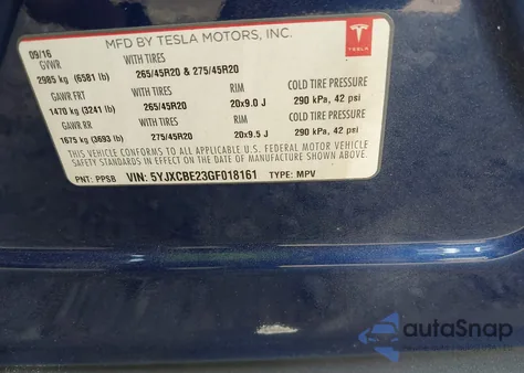 2016 Tesla Model X 60D/70D/75D/90D/P100D z USA, uszkodzony, nr VIN 5YJXCBE23GF018161